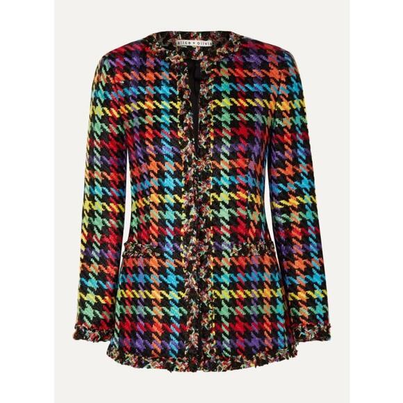 Alice + Olivia Andreas Frayed-Edge Houndstooth Tweed Jacket Size XS Rainbow - Picture 2 of 10